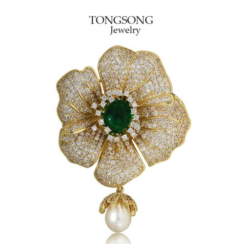 重工高品質高檔微鑲鋯石海棠花朵淡水珍珠胸針大衣西裝配飾胸花