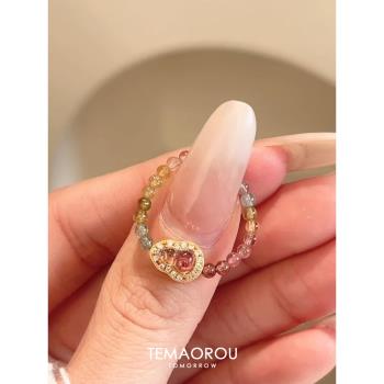 新中式天然碧璽粉色葫蘆戒指女款S925銀高級感彈力食指戒小眾指環