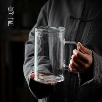 高茗大容量玻璃杯帶把透明茶杯高階個人專用喝茶杯子辦公室泡茶杯