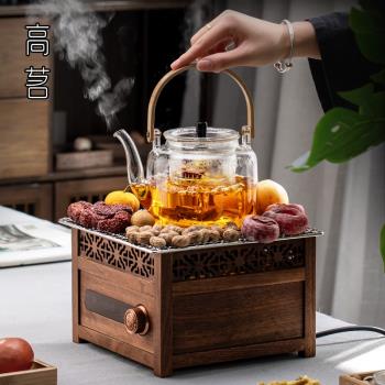 高茗新中式胡桃木高階電陶爐煮茶壺2025新款玻璃煮茶器煮茶爐家用
