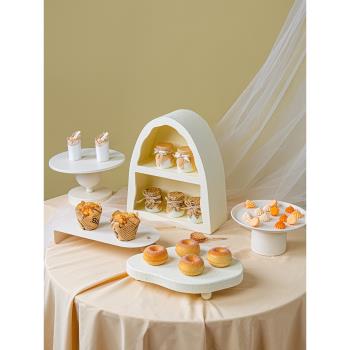 歐式奶白色甜品臺擺件婚禮訂婚甜點蛋糕展示架木質雙層置物架盤子