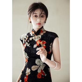 老上海傳統金絲絨印花旗袍女中國風高階優雅大氣改良日常走秀演出