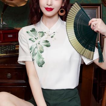國風刺繡立領襯衫女裝短袖夏季新款改良漢服雪紡上衣中式氣質襯衣