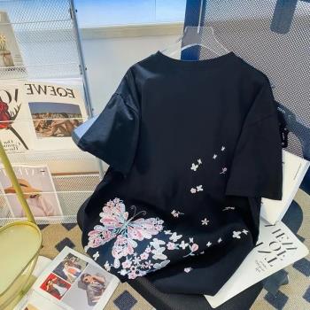大碼中國風刺繡小眾短袖t恤男女夏裝寬松胖妹妹顯瘦情侶款上衣潮