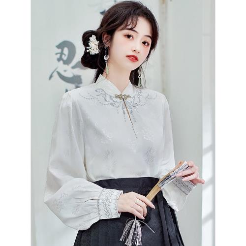 新中式馬面裙搭配的上衣長袖提花立領白色襯衣刺繡國風襯衫女秋季