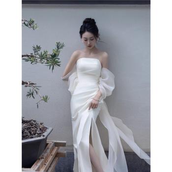新中式晨袍新娘結婚敬酒服訂婚禮服高階輕奢小眾法式抹胸連衣裙女