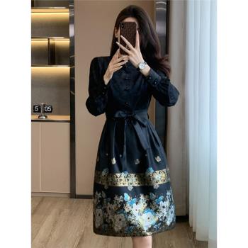 奧特萊斯專櫃品牌剪標新中式漢服連衣裙秋改良國風刺繡提花馬面裙