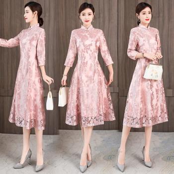 改良版旗袍連衣裙2025春秋新款年輕媽媽禮服女中長款中國風旗袍裙