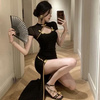 新中式晚禮服女年輕款性感高開叉鏤空網紗黑色改良版旗袍連衣裙
