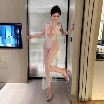 中國風改良旗袍高開叉露胸蕾絲透視長款禮服桑拿技師工作服走秀服