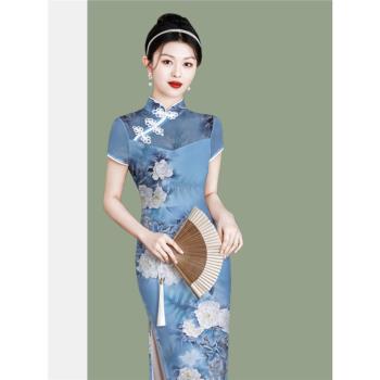 24新款夏季旗袍網紗印花日常走秀新中式優雅復古長款高彈力演出服