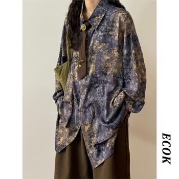 ECOK2025秋季新款美式復古新中式蒲公英印花紫色長袖襯衫上衣女潮