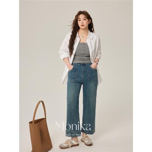 大碼女裝胖mm2025秋裝新款水洗高腰松緊彈力顯瘦九分牛仔褲煙管褲