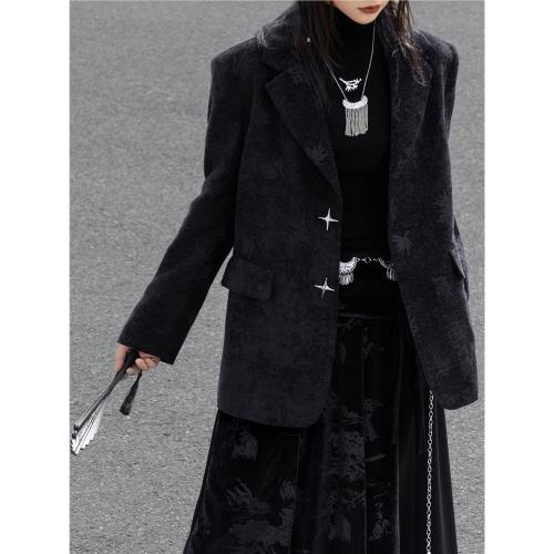 云鬢斜簪 黑色銀星星雪尼爾西裝外套新中式暗黑三宅風 春秋中長款