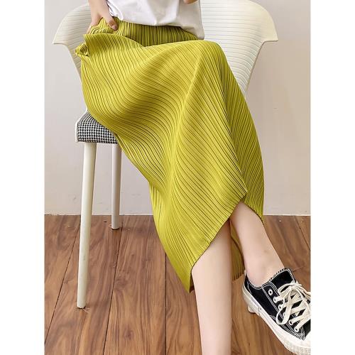 三宅風褶皺半身裙2025夏季新款綠色百褶裙女開叉小個子高腰顯瘦裙