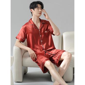 維多利亞夏季真絲睡衣男短袖短褲絲綢紅色本命年家居服桑蠶絲套裝