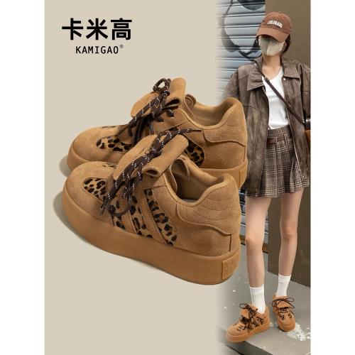 7cm內增高德訓鞋女款2025新款春季復古圓頭豹紋翻蓋真皮阿甘板鞋