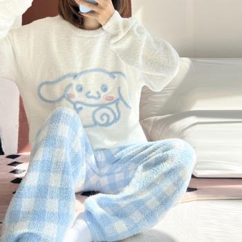 迪士尼睡衣睡衣女秋冬季軟綿綿玉桂狗可愛格子加厚毛絨保暖家居服