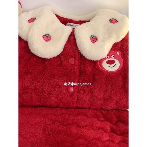 迪士尼睡衣冬季女款加厚三層夾棉珊瑚絨保暖可愛草莓熊家居服套裝