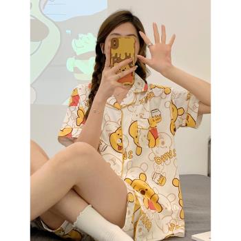 迪士尼睡衣女生夏季薄款純棉短袖開衫可愛維尼小熊家居服套裝夏天