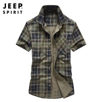 JEEP短袖襯衫男士夏季純棉多口袋寸衣戶外工裝襯衣潮短袖格子襯衫