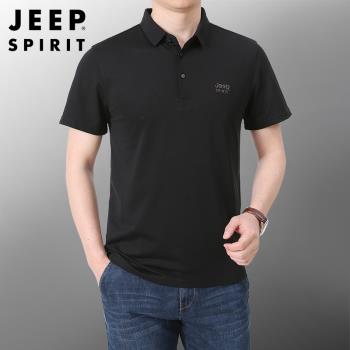 吉普jeep短袖polo衫男夏季寬松大碼冰絲彈力商務休閑中年半袖T恤