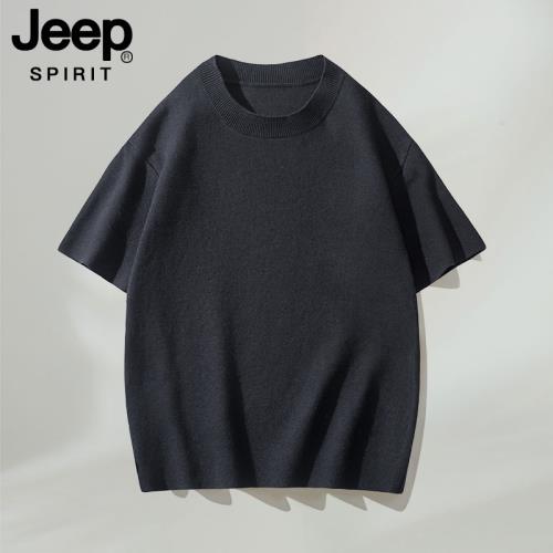JEEP短袖毛衣男士2024秋冬休閑針織半袖圓領純色百搭含羊毛打底衫
