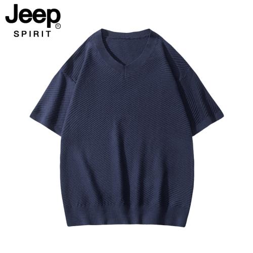 JEEP短袖毛衣男士2024秋冬休閑針織半袖V領純色百搭含羊毛打底衫