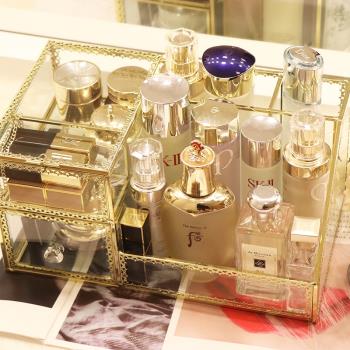 北歐金色玻璃化妝品收納盒透明桌面口紅護膚梳妝臺家用帶蓋整理盒