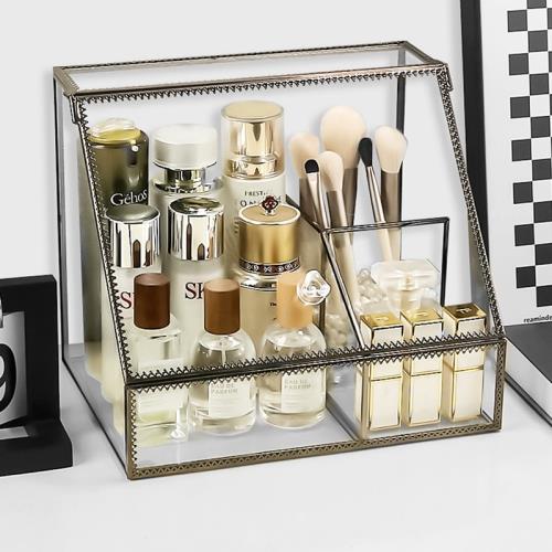 網紅玻璃化妝品收納盒首飾防塵護膚口紅刷桶桌面梳妝臺面膜置物架