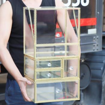 玻璃化妝品收納盒梳妝臺桌面整理盒非亞克力護膚品翻蓋防塵收納架