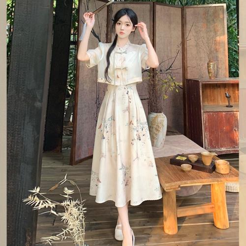新中式國風改良旗袍吊帶連衣裙外套兩件套女夏季大碼漢服禪意裙子