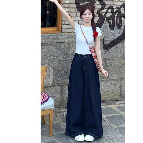 深藍色不貼腿微喇牛仔褲女冬季大碼胖mm梨形身材寬松美式闊腿褲子
