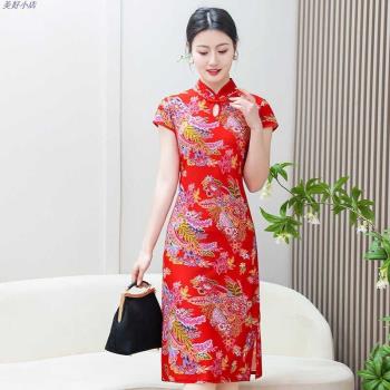 中年媽媽改良旗袍夏女裝短袖中長款連衣裙洋氣遮肚碎花民族風裙子