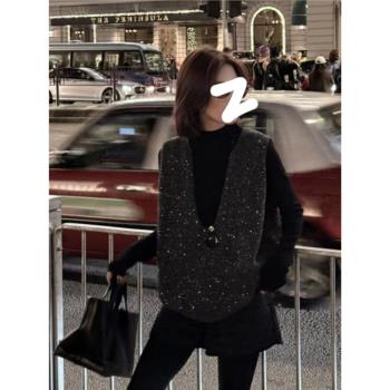 細閃亮片V領設計外套2025春季大碼胖MM新款保暖重工無袖針織馬甲