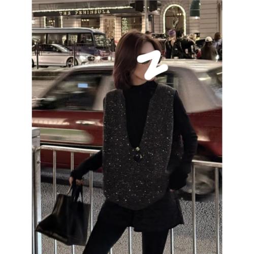 細閃亮片V領設計外套2025春季大碼胖MM新款保暖重工無袖針織馬甲