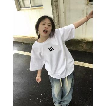 美式街頭純棉短袖T恤男女寬松大碼設計感oversize情侶半袖上衣夏