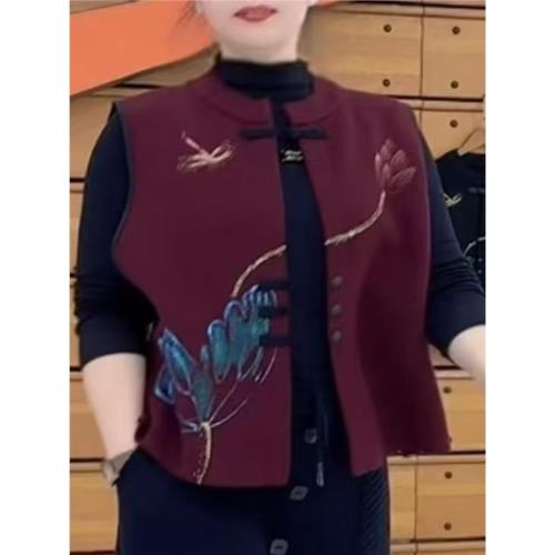 春秋新款國風中式馬甲無袖背心2025媽媽裝洋氣印花針織馬夾女