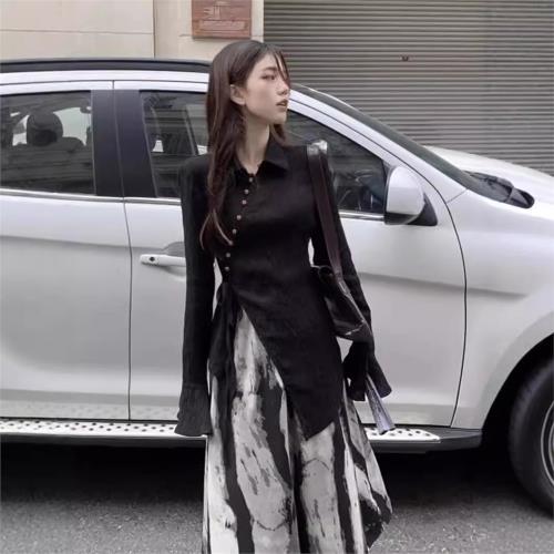 秋季新中式中國風水墨畫馬面裙套裝女大碼微胖mm收腰顯瘦半身裙子