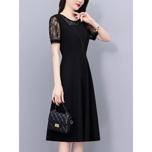 2025年春季新款女裝黑色鏤空蕾絲拼接短袖連衣裙大碼胖mm女士裙子