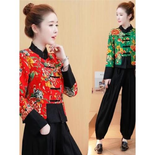 春秋款中國風復古棉麻印花上衣東北大花中年媽媽裝短款立領外套女