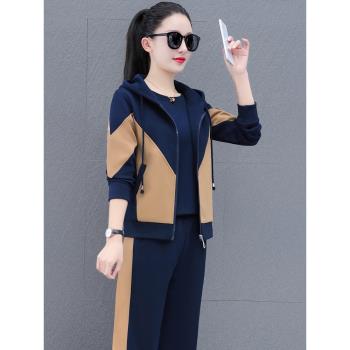 2025春秋新款女士運動套裝女三件套連帽外套減齡開衫中年媽媽衛衣