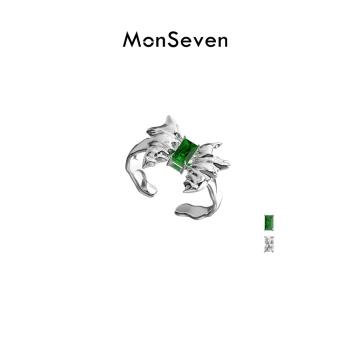 MonSeven蝴蝶結戒指女小眾設計綠鋯石食指戒時尚個性精緻輕奢指環