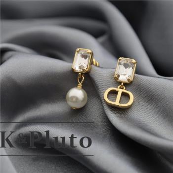 kpluto2025新款歐美高級感閃鉆小眾耳環方形鋯石珍珠耳墜復古耳飾