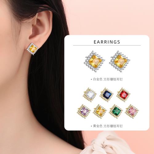 S925純銀彩色方形鋯石耳釘女時尚超閃養耳洞潮專柜耳環超值熱賣