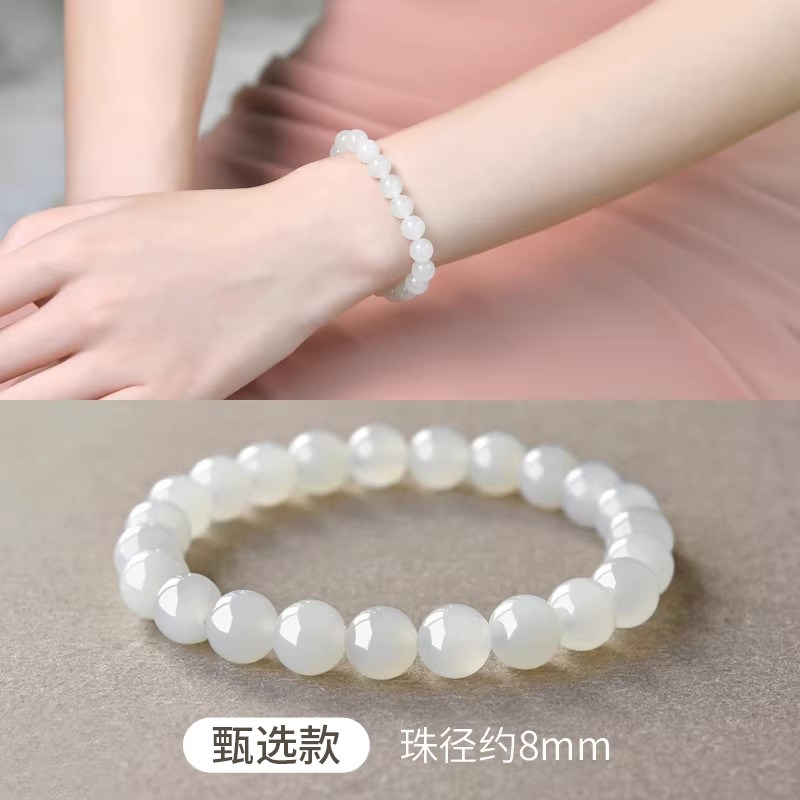 天然和田玉手串女男6-10mm青海老料羊脂玉和田白玉玉石串珠手鏈|手鍊