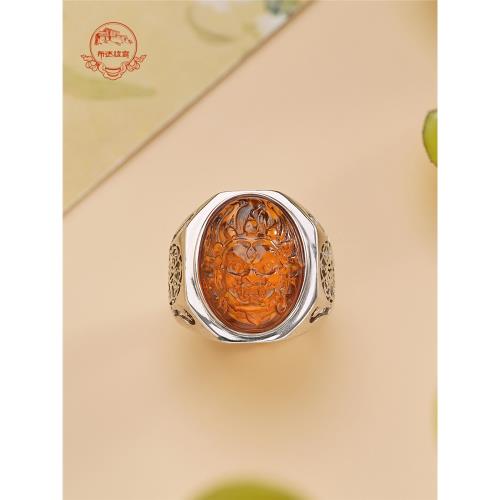 布達拉宮925銀鑲琥珀大黑天戒指女款馬年2026新款指環手飾送女友