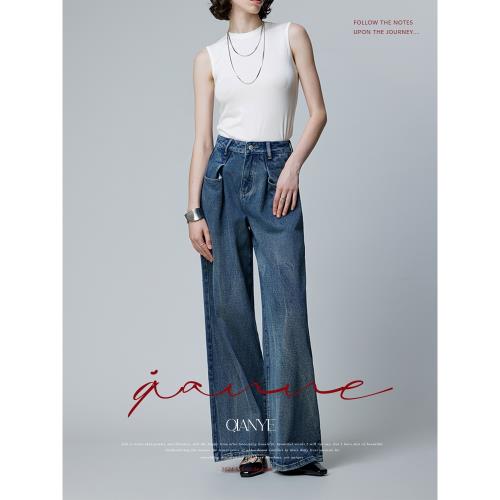 (免運)新疆長絨棉闊腿牛仔褲女秋季2025新款雙折設計口袋寬松垂感拖地褲