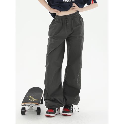 (免運)ZXZA美式礦石灰褶皺束腳休閑工裝褲女復古寬松慵懶中性拖地長褲子