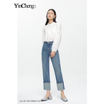 (免運)茵呈萊卡面料翻邊直筒牛仔褲女秋季2023新款小個子九分煙管法棍褲